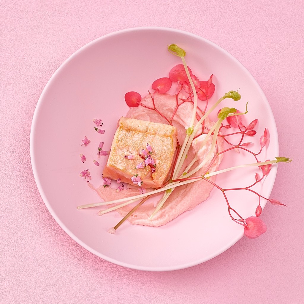 Sautierter Lachs mit Kohlrabi-Apfel-Rosen-Crème