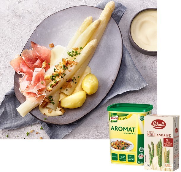 WEISSER SPARGEL MIT HOLLANDAISE, KARTOFFELN UND ROHSCHINKEN