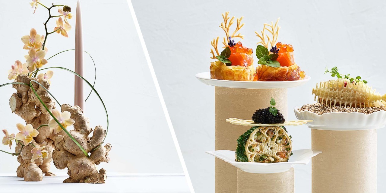 Lachs im Kartoffelriff, Lotuswurzel-Chips mit Lucky Crevetten-Füllung und Kaviar, Zandertatar zwischen Fischgräten-Knusper 