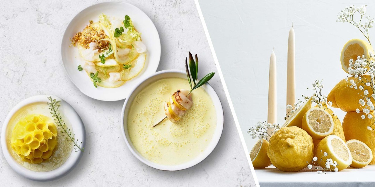 Amalfi-Zitrone mit Zander-Ceviche, Rauchforellen-Mousse mit gelben marinierten Bändern, Fisch-Yuzu-Essenz mit Jakobsmuschelspiess