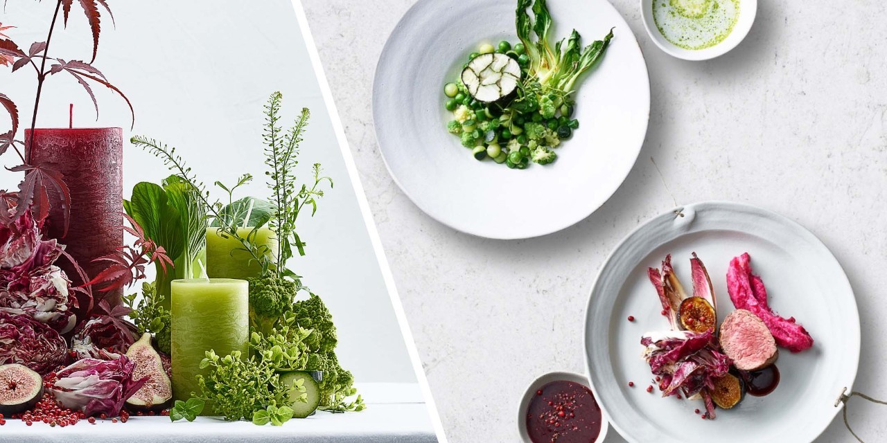 Pochierte Zanderrolle mit Matcha und Schnittlauch-Beurre Blanc, Rinderfilet mit Radicchio, Feigen und Pfeffersauce