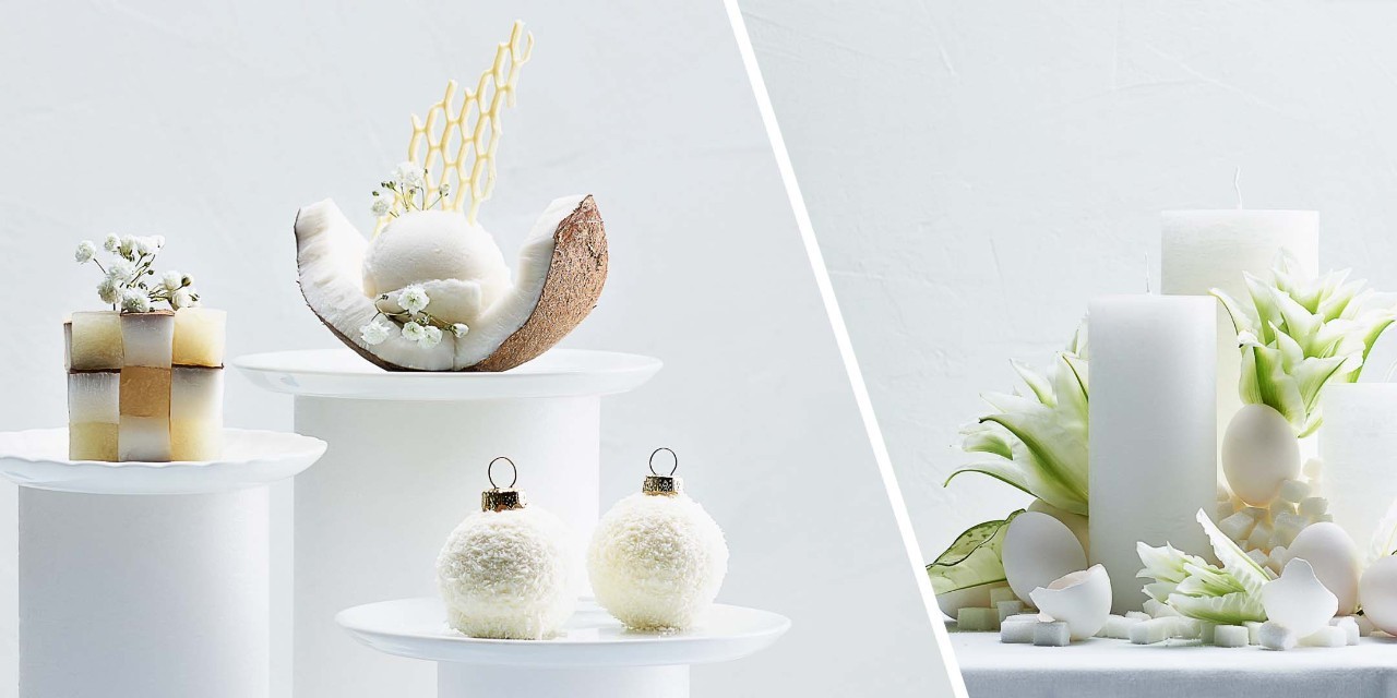 Nashi-Kokos-Würfel, Kokosglace mit weissem Schokoknusper, Kokos Praliné