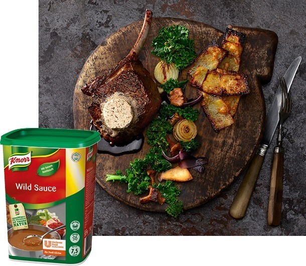 HIRSCHKOTELETTE MIT STEINPILZ-PORTWEINBUTTER UND KARTOFFELKÄSE DOMINOS