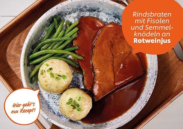 Rindsbraten mit Fisolen und Semmelknödel