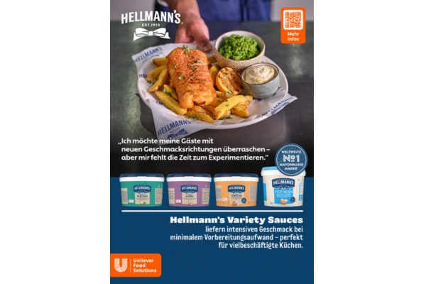 Drei Hellmann’s Saucen, Aioli, Tartar und Cocktail auf einer Küchenarbeitsfläche