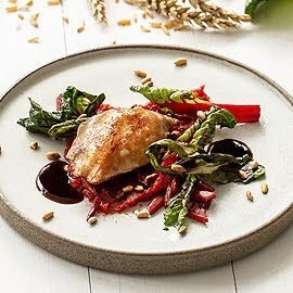 Mangold, Violette Kartoffel, Kamut, Wachtel