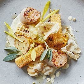 Jakobsmuscheln mit Mais auf cremiger Sauce