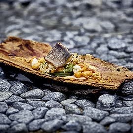 Gebratenes Huchenfilet auf Curry Bohnengemüse mit Kartoffel Crumble