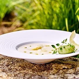 Spargel - Kokos - Suppe mit Auflauf von jungen Erbsen
