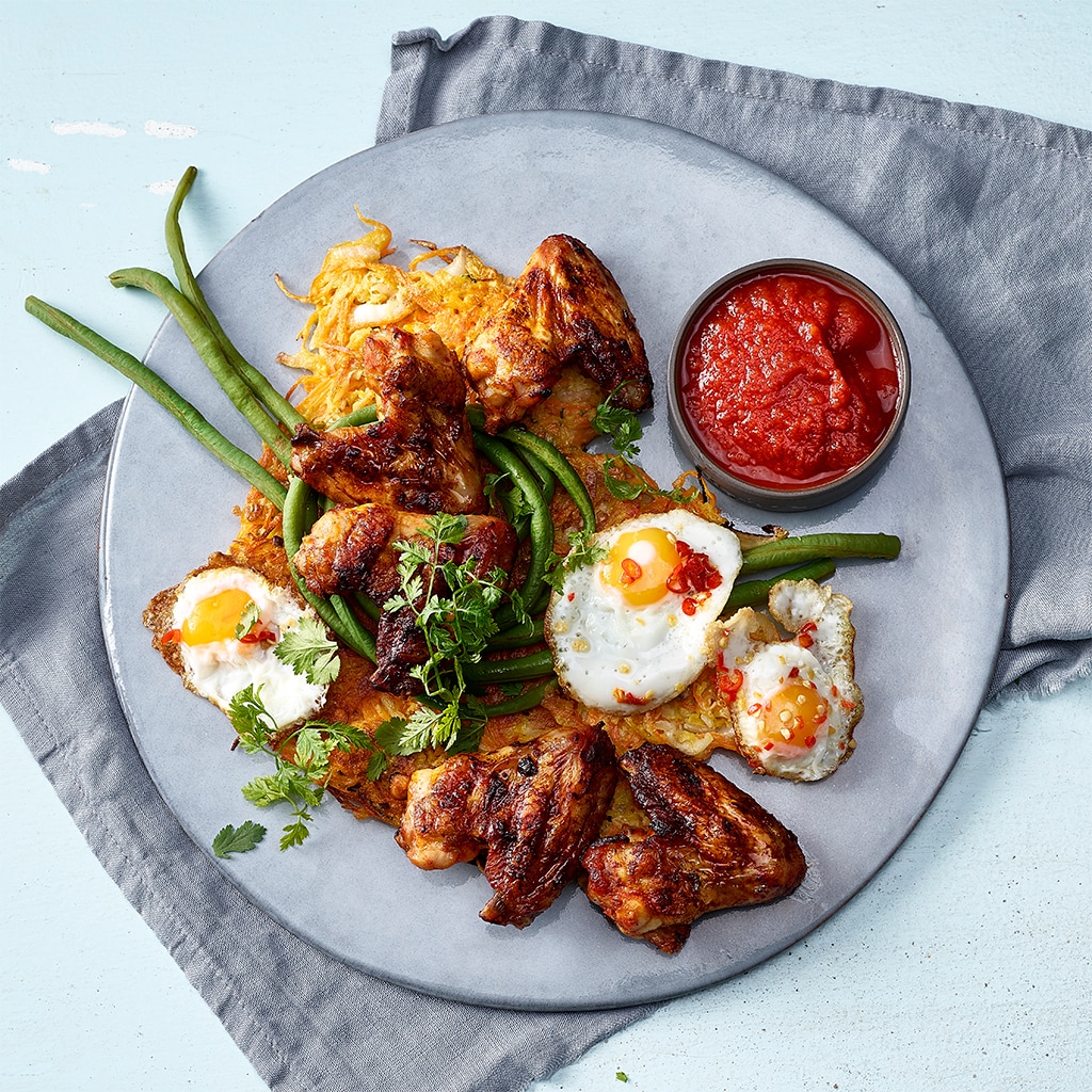 Kimchi Rösti mit Chili-Ei Chicken Wings
