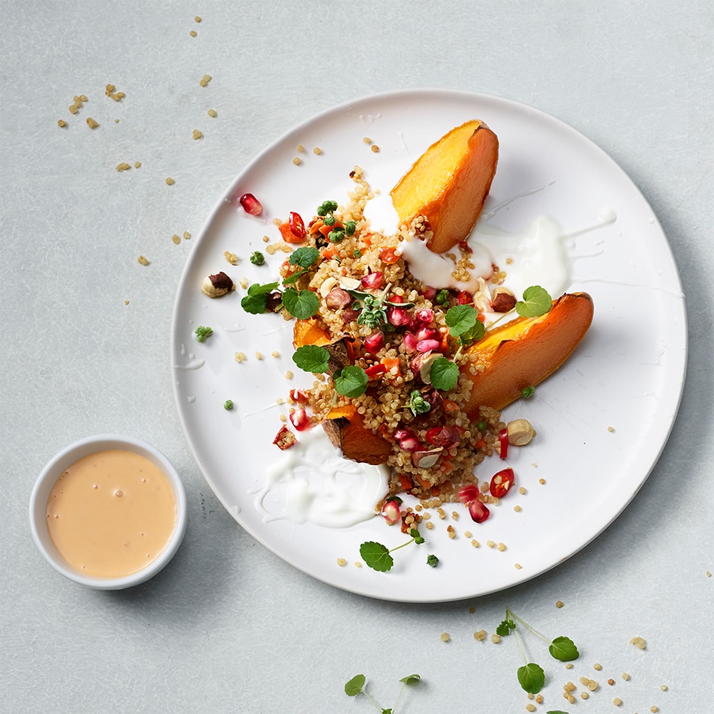 Gerösteter Ahorn Chili Kürbis mit Quinoa