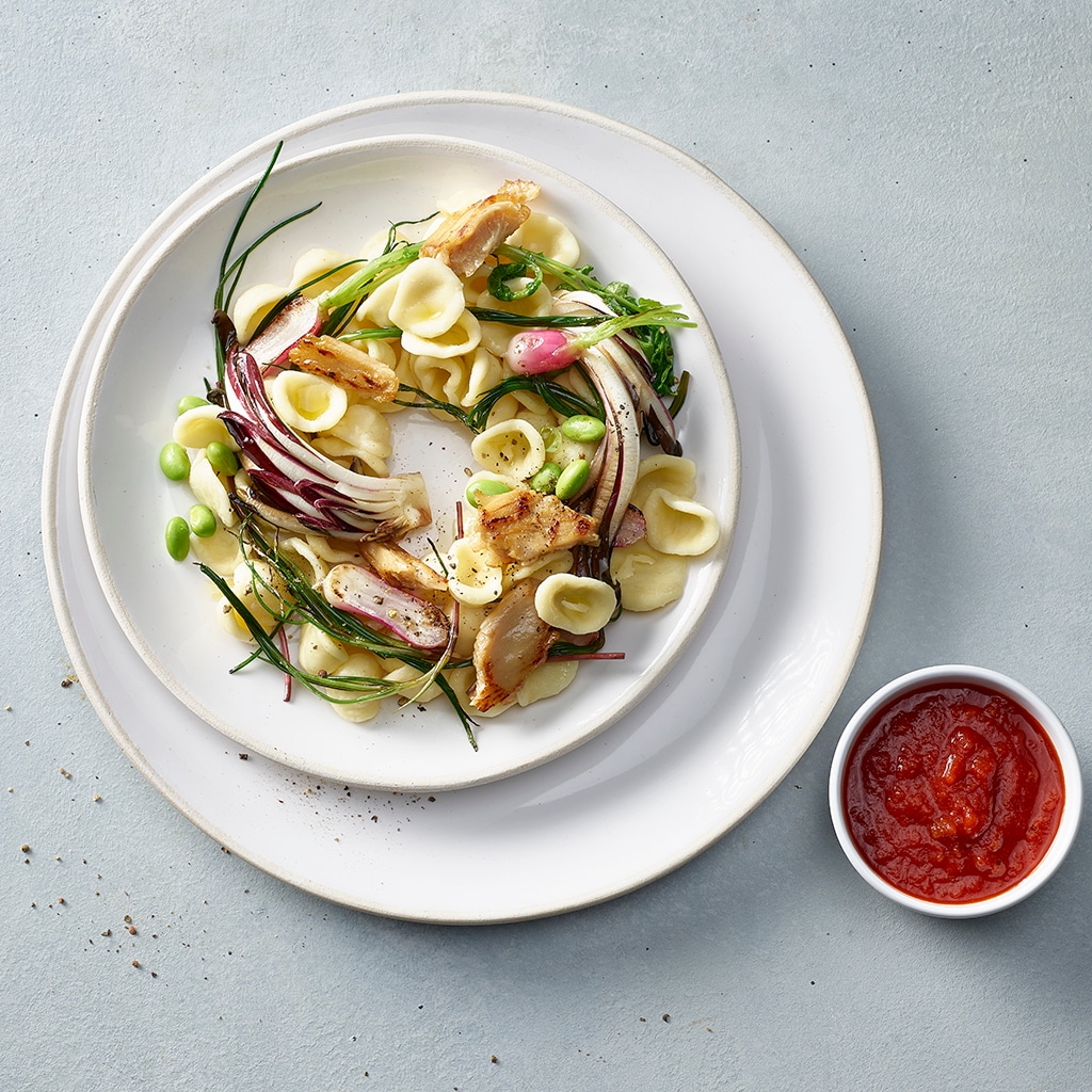 Sautierte Vegan Chunks mit scharfer Tomatensauce & Orecchiette