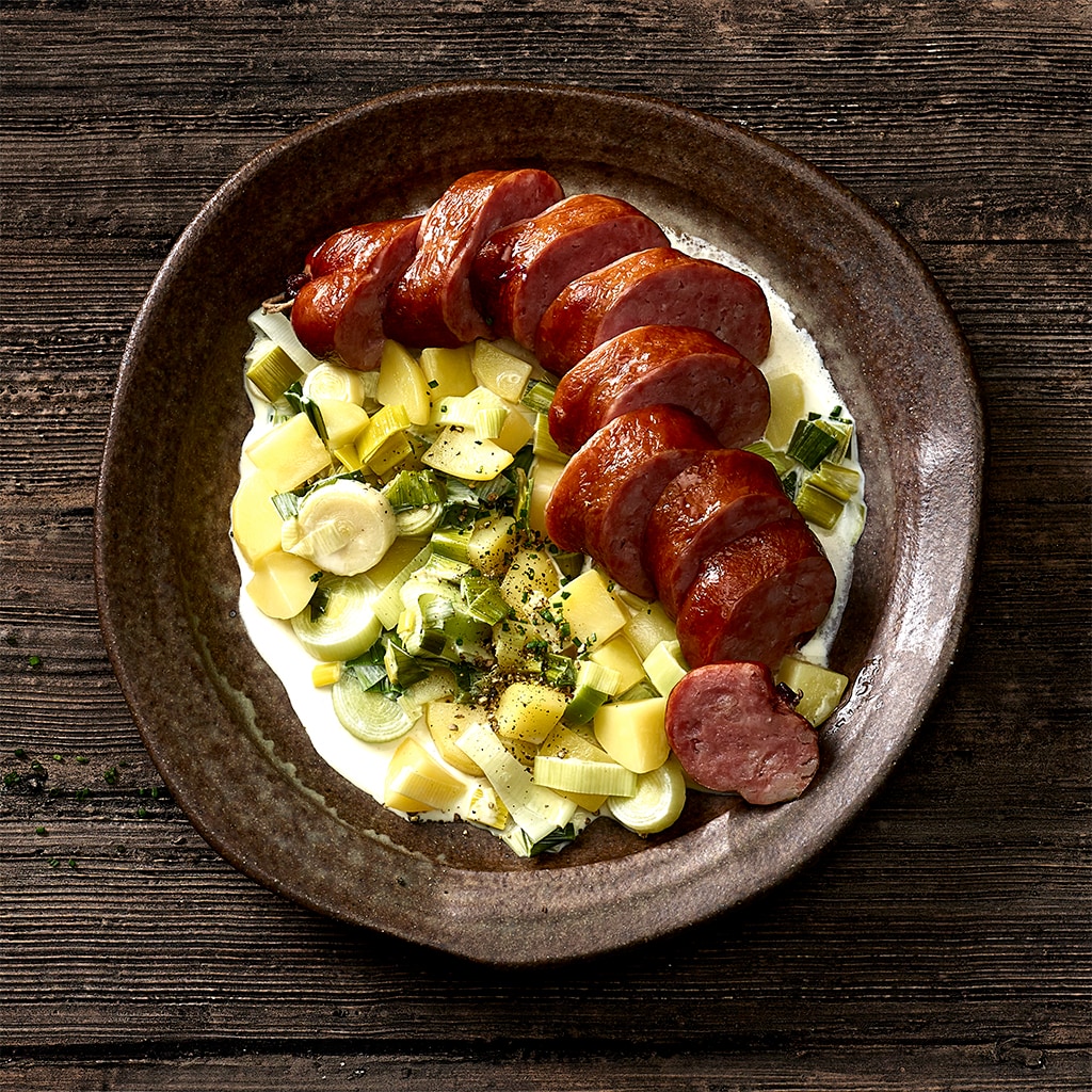 Blutwurst mit cremigem Kartoffel-Lauch-Gemüse