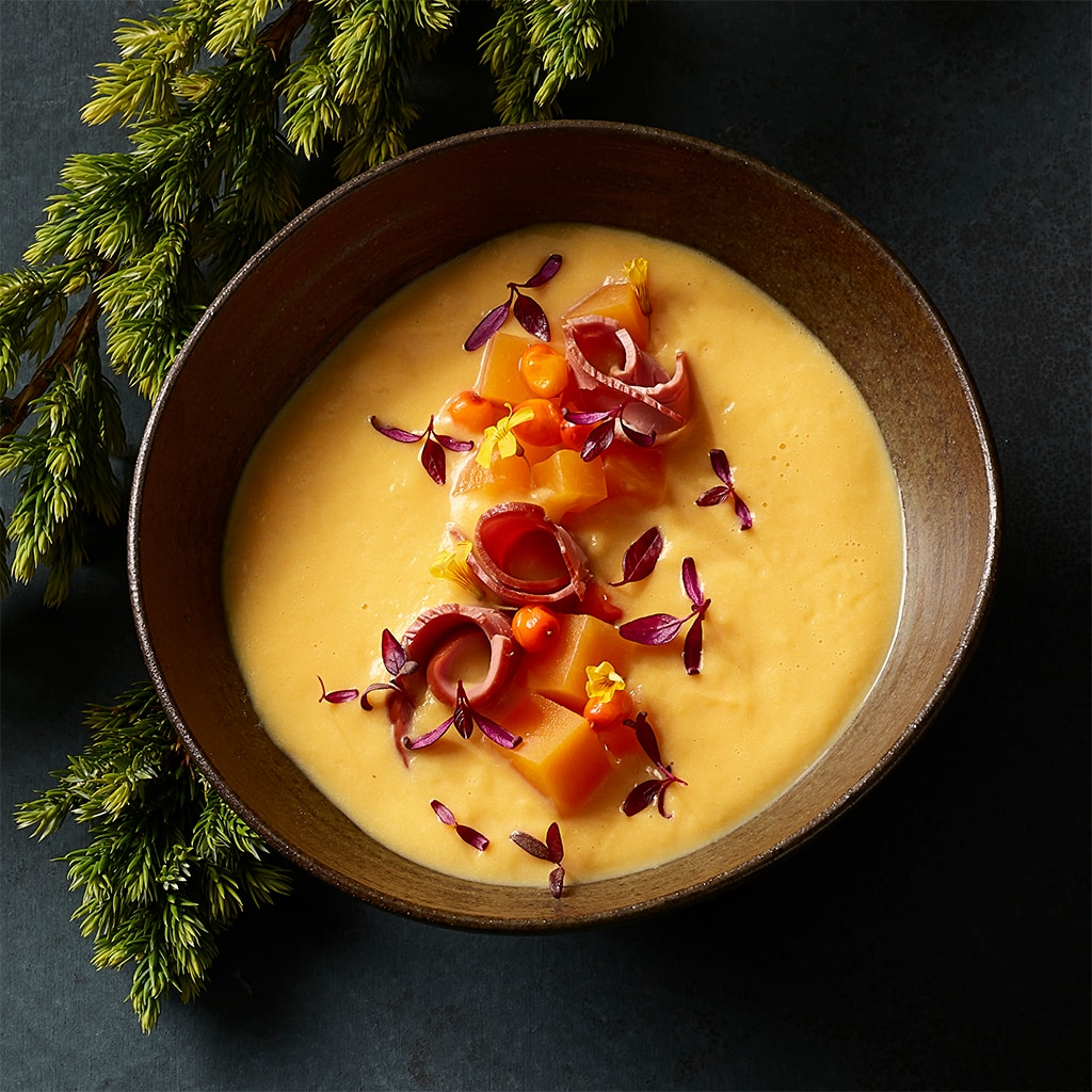Kürbis-Sanddorn-Buttermilchsuppe mit geräucherter Entenbrust