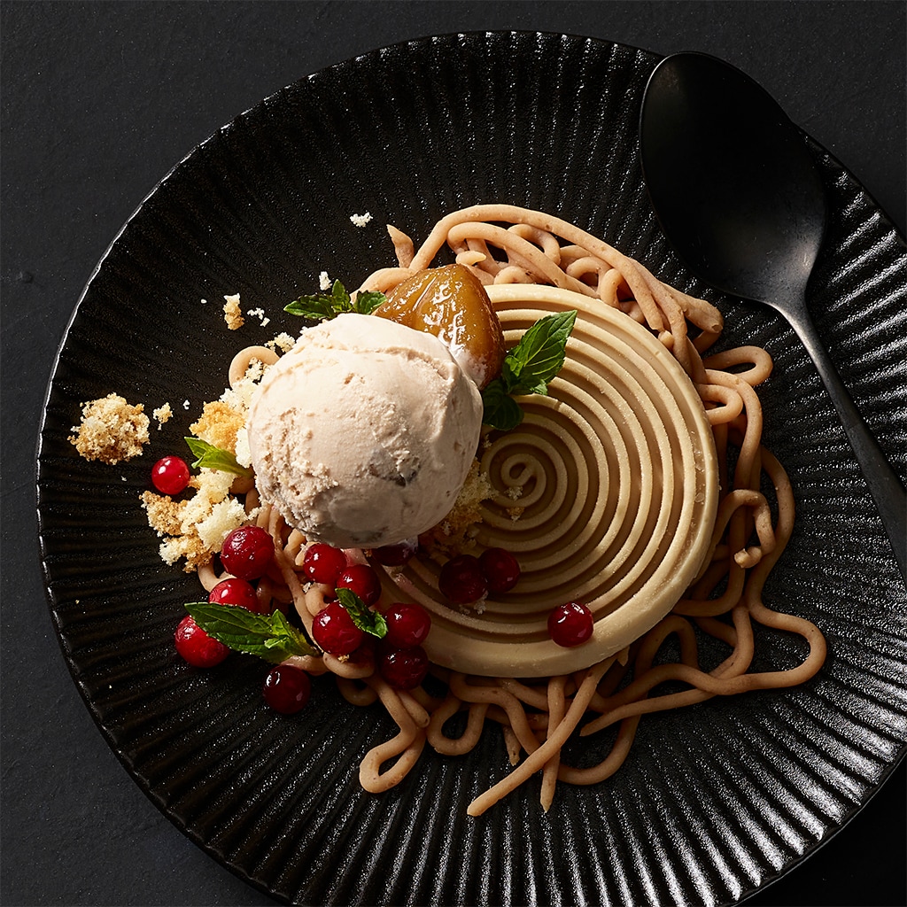 Maroni-Panna Cotta mit Maronipüree und Walnusseis