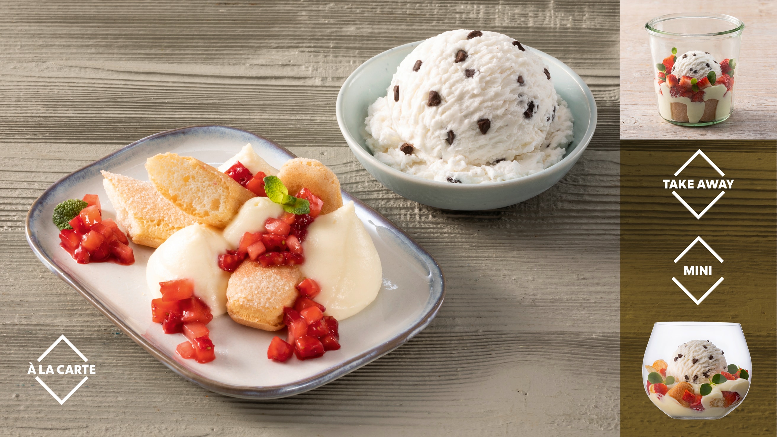 Cheesecake-Creme mit Löffel-Biskuit und Erdbeeren und Stracciatella Eis