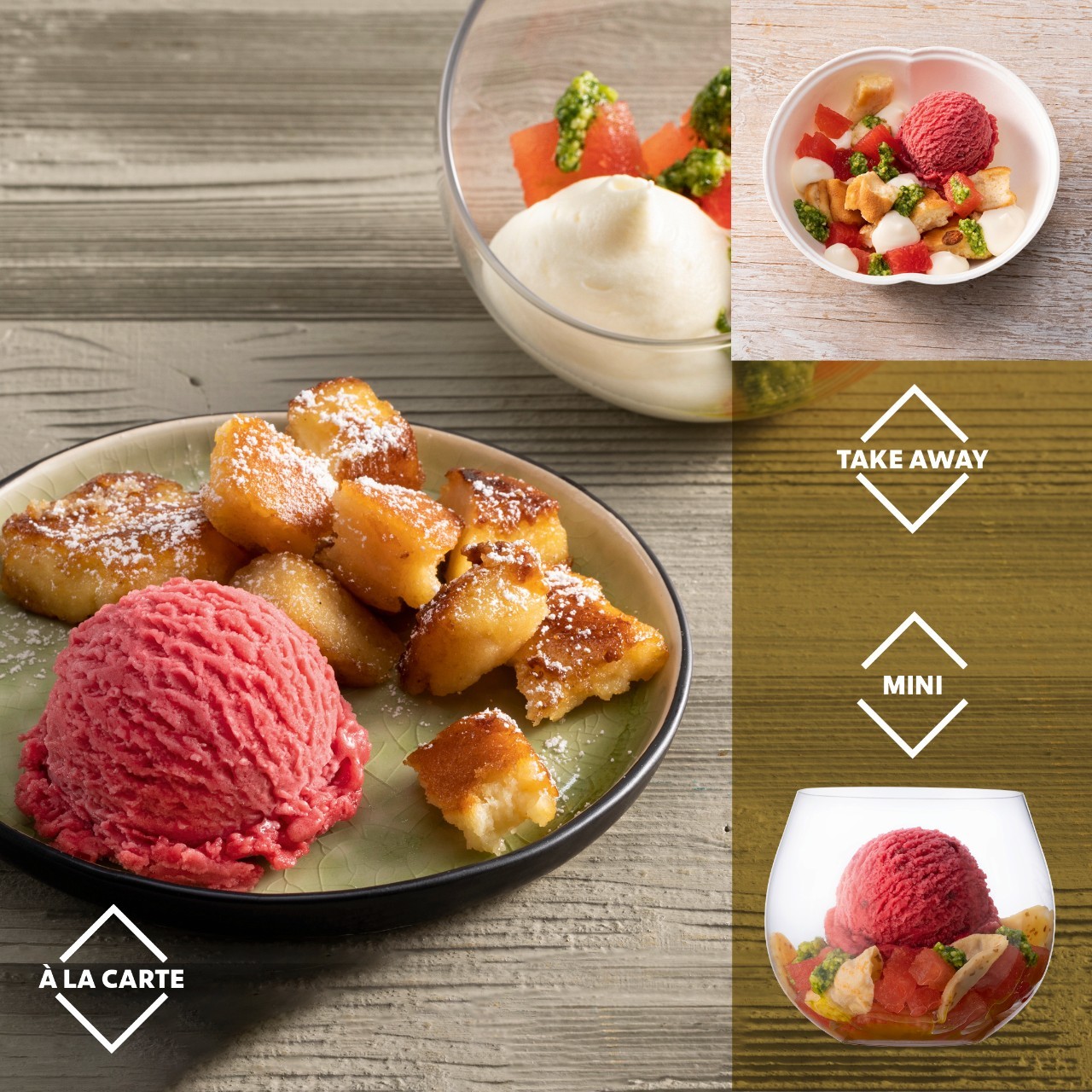 Kaiserschmarrn, Himbeer Sorbet, Wassermelone mit Pesto und Vanillecreme