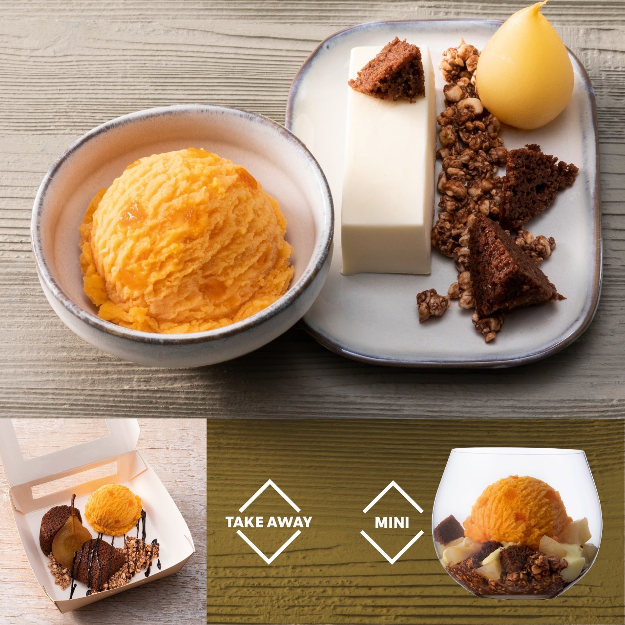 Birne Helene vom Schokoladenkuchen, Aprikosen Sorbet, Hüttenkäse und Vanilleschaum