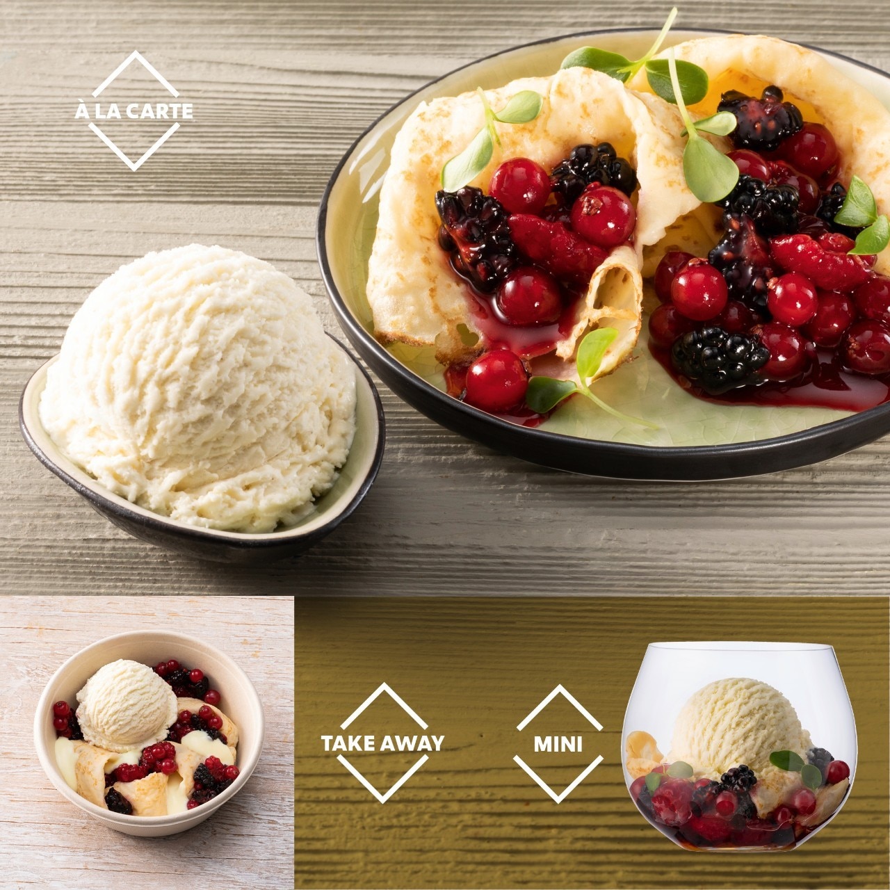 Gefüllter warmer Crêpe mit Beerenfrüchten und Bourbon- Vanille Eis