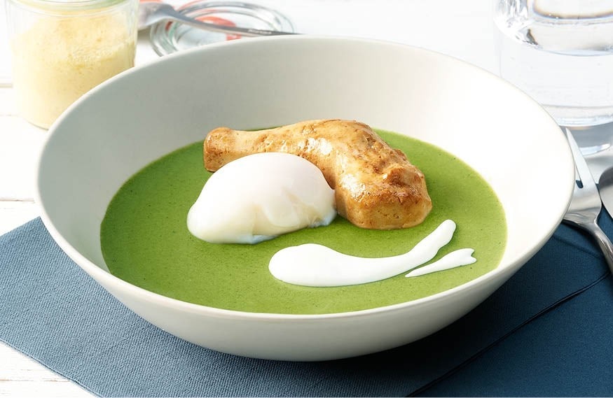 Caeser-Salat-Panna-Cotta mit pürierter Hühnerbrust